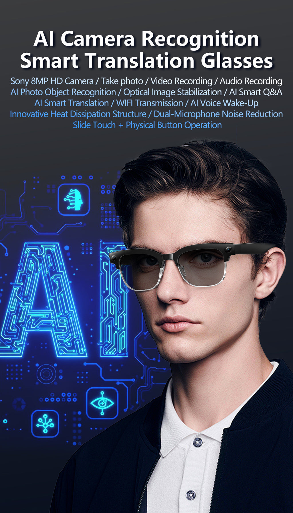 Smart glasses Photography glasses W630 AI translation Wi-Fi slide-to-touch New Fashion Arrivals.