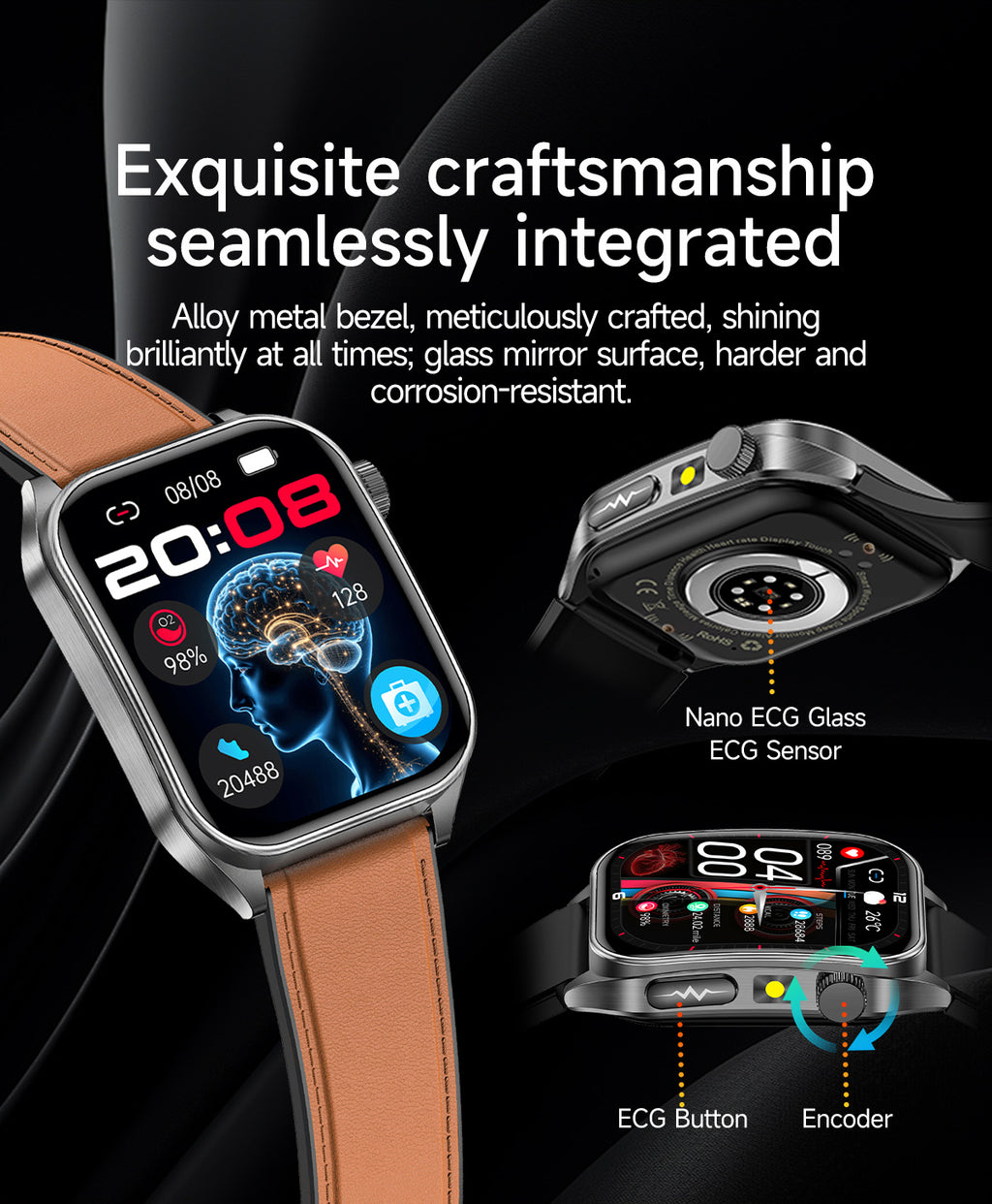 New smartwatch E810 Dual probe laser health therapy function Bluetooth call ECG electrocardiogram blood sugar uric acid blood lipid body temperature blood oxygen sleep monitoring breathing training.