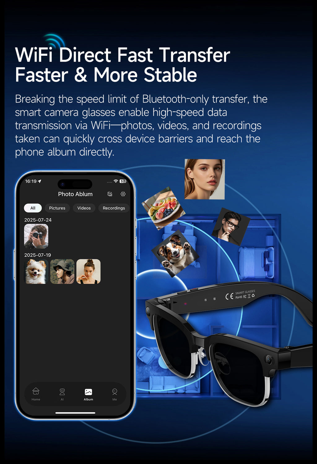 Smart glasses Photography glasses W630 AI translation Wi-Fi slide-to-touch New Fashion Arrivals.