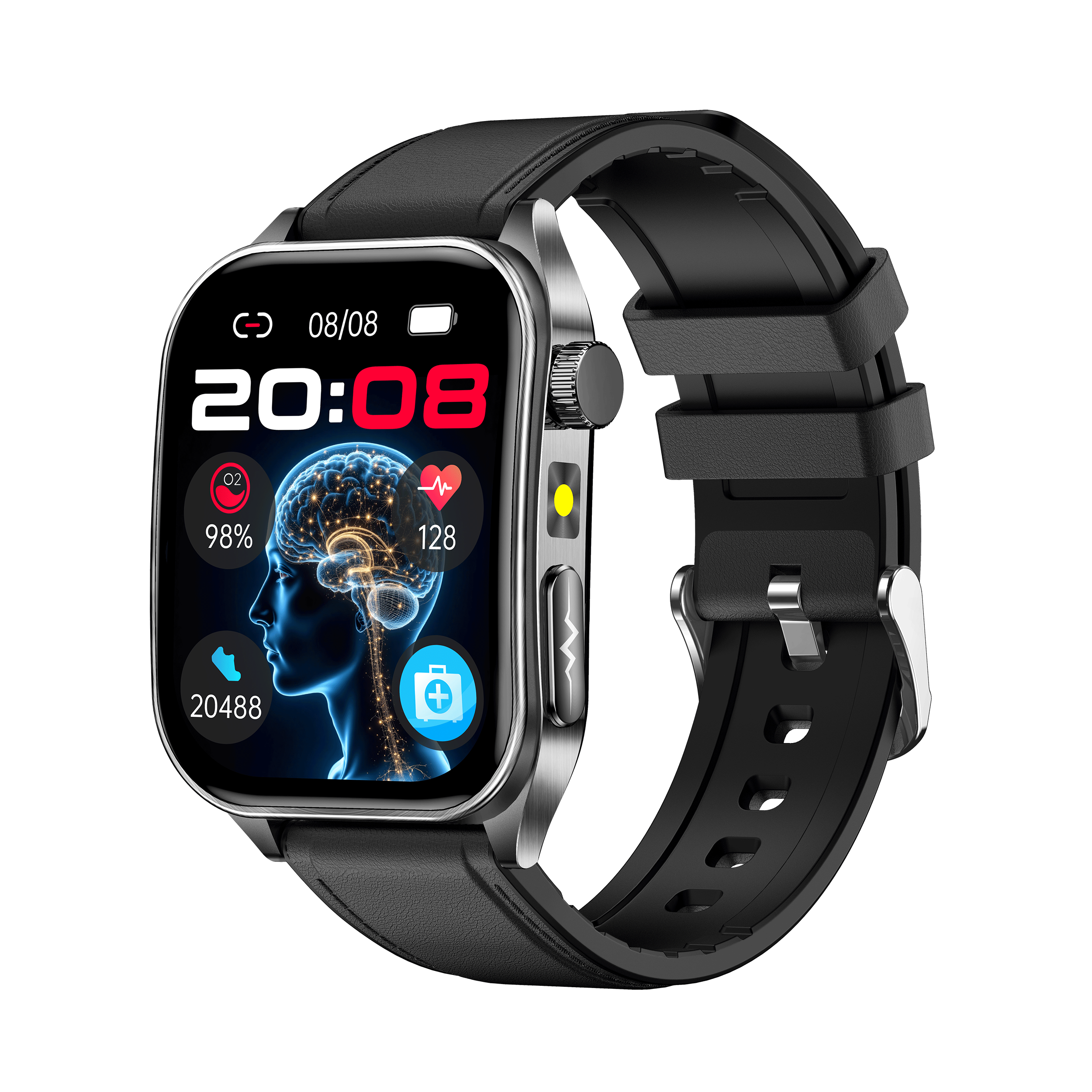 New smartwatch E810 Dual probe laser health therapy function Bluetooth call ECG electrocardiogram blood sugar uric acid blood lipid body temperature blood oxygen sleep monitoring breathing training.