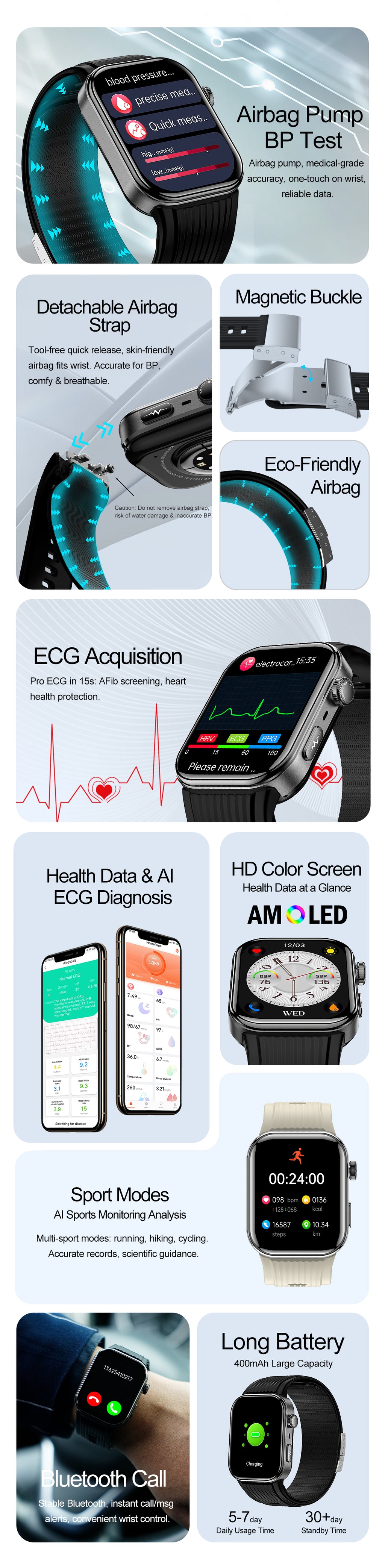 New smartwatch S191 Air pump+airbag type true blood pressure accurate test Bluetooth call ECG electrocardiogram blood sugar uric acid blood lipid body temperature blood oxygen sleep monitoring breathing training.