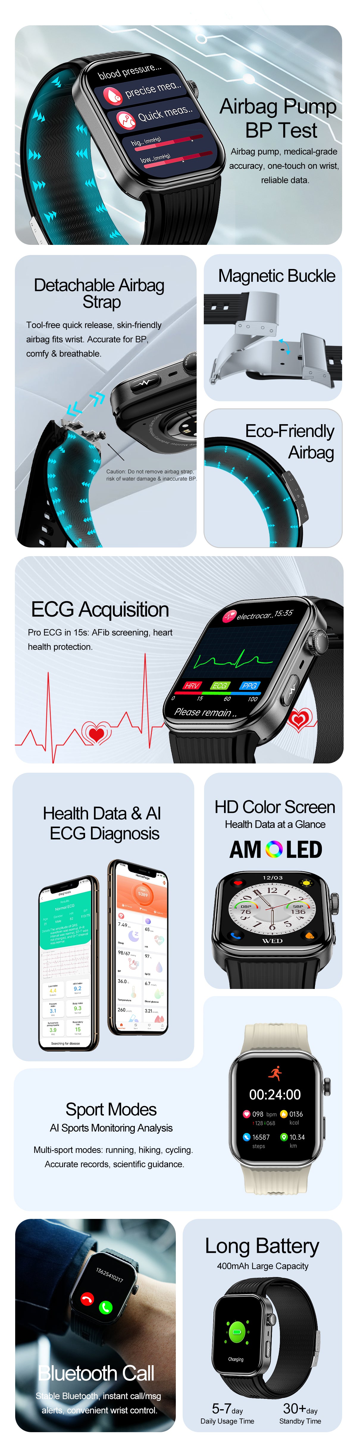 New smartwatch S191 Air pump+airbag type true blood pressure accurate test Bluetooth call ECG electrocardiogram blood sugar uric acid blood lipid body temperature blood oxygen sleep monitoring breathing training.