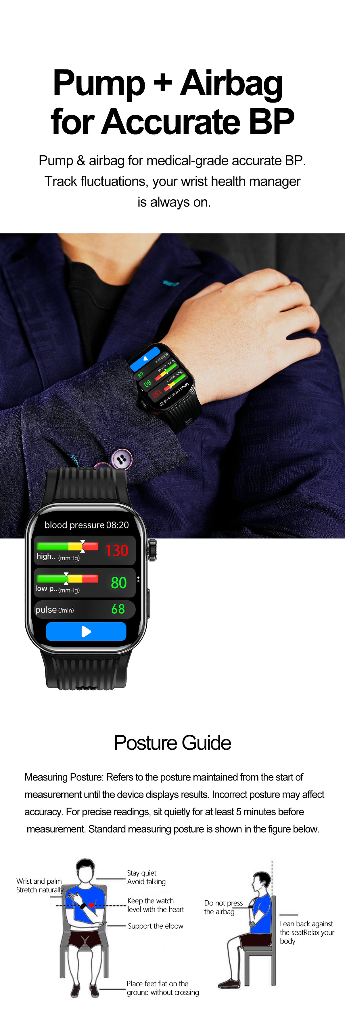 New smartwatch S191 Air pump+airbag type true blood pressure accurate test Bluetooth call ECG electrocardiogram blood sugar uric acid blood lipid body temperature blood oxygen sleep monitoring breathing training.
